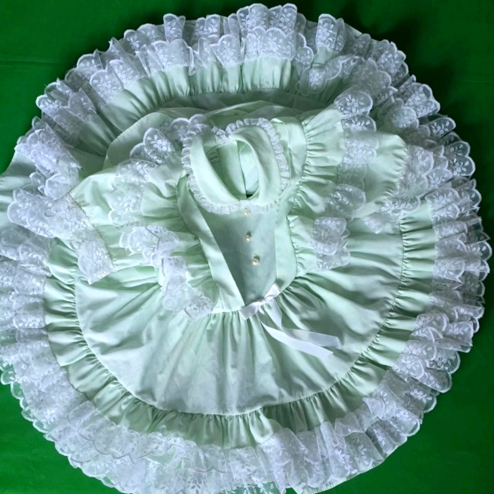 Vtg 80's Mini World Mint Green Fluffy Lace Ruffle Full Circle Dress! 4T Exellent